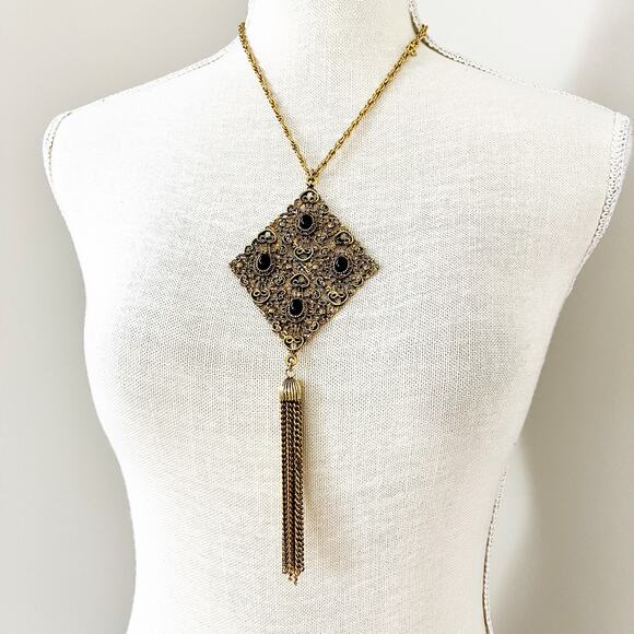 Vintage Gold Filagree Diamond Necklace with Chain Tassel - Picture 1 of 10